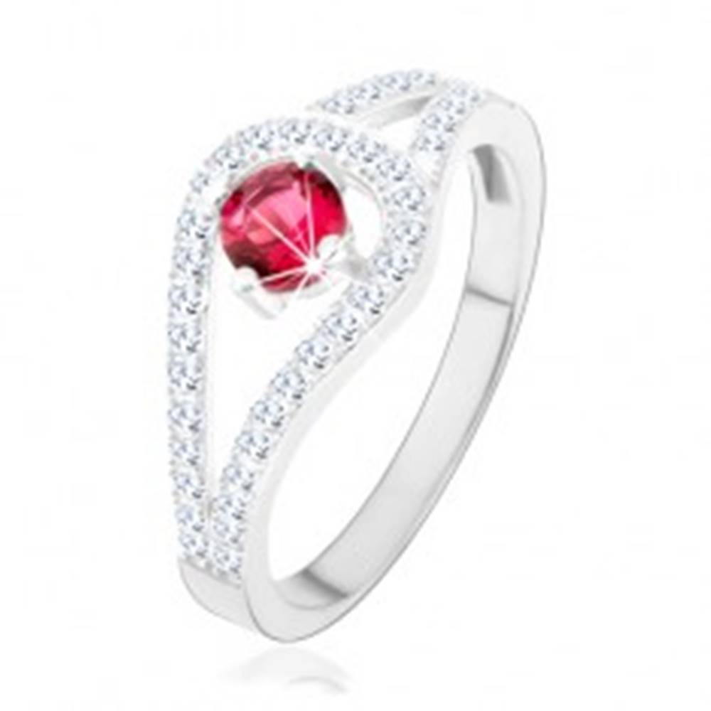 Šperky eshop Strieborný prsteň 925, rozdvojené trblietavé ramená, ružový zirkón - Veľkosť: 49 mm