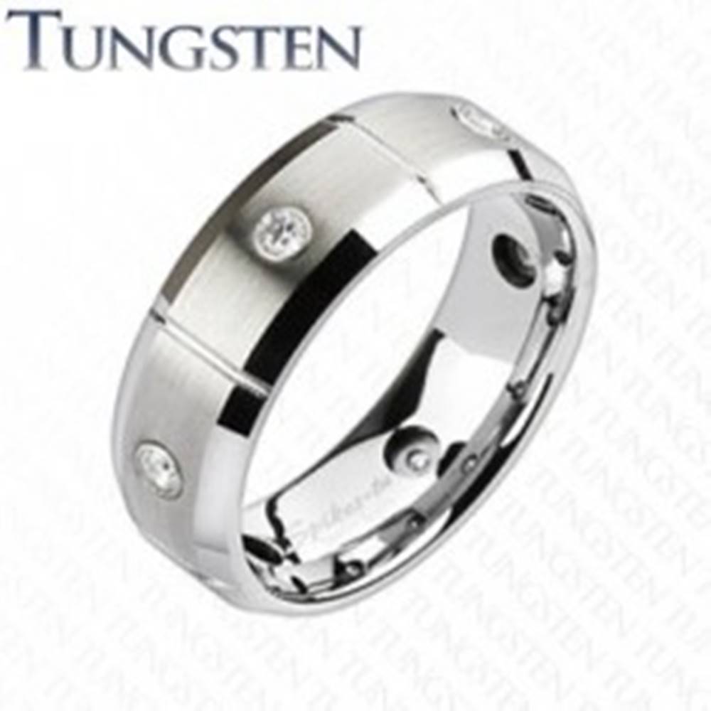 Šperky eshop Wolfrámový prsteň s brúsenými obdĺžnikmi a zirkónmi - Veľkosť: 49 mm