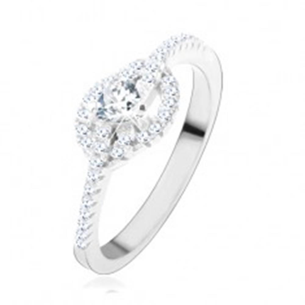 Šperky eshop Zásnubný prsteň zo striebra 925, číre zirkónové srdce, zatočené línie - Veľkosť: 49 mm