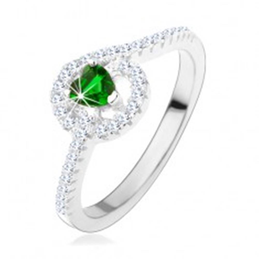 Šperky eshop Zásnubný strieborný prsteň 925, zelené zirkónové srdiečko, trblietavé línie - Veľkosť: 49 mm