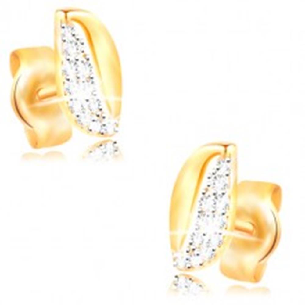 Šperky eshop Zlaté 14K náušnice - dvojfarebné zvlnené zrnko so zirkónmi a výrezom