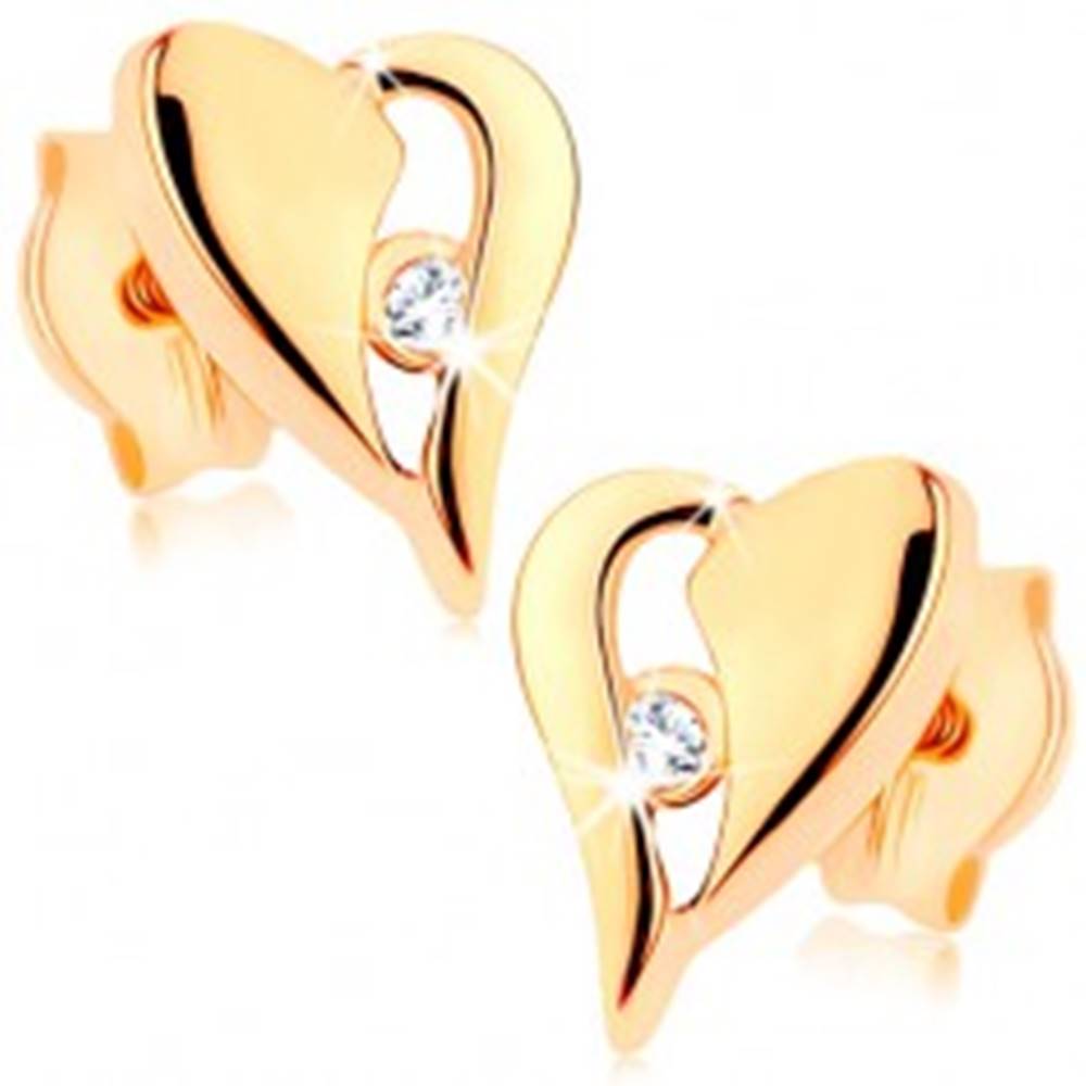 Šperky eshop Zlaté náušnice 375 - nesúmerné srdce s výrezom a drobným zirkónikom