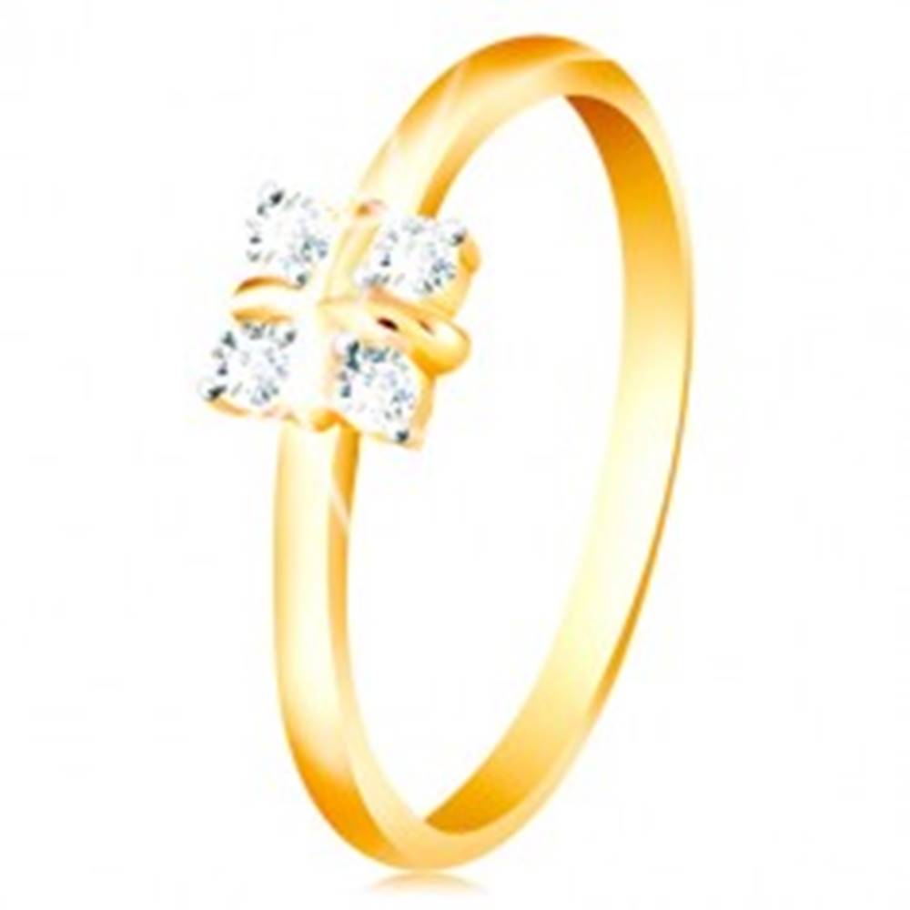 Šperky eshop Zlatý 14K prsteň - lesklé zaoblené ramená, štyri číre zirkóny, krížik v strede - Veľkosť: 49 mm