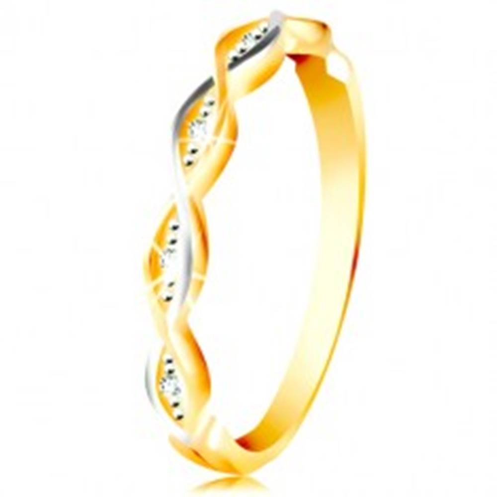 Šperky eshop Zlatý prsteň 585 - dve tenké prepletené vlnky z bieleho a žltého zlata, zirkóny - Veľkosť: 49 mm