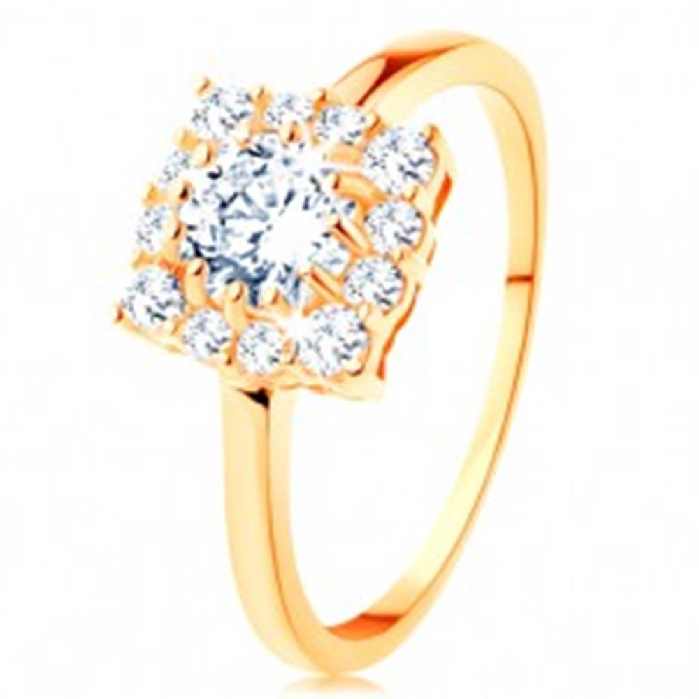 Šperky eshop Zlatý prsteň 585 - štvorcový zirkónový obrys, okrúhly číry zirkón v strede - Veľkosť: 49 mm