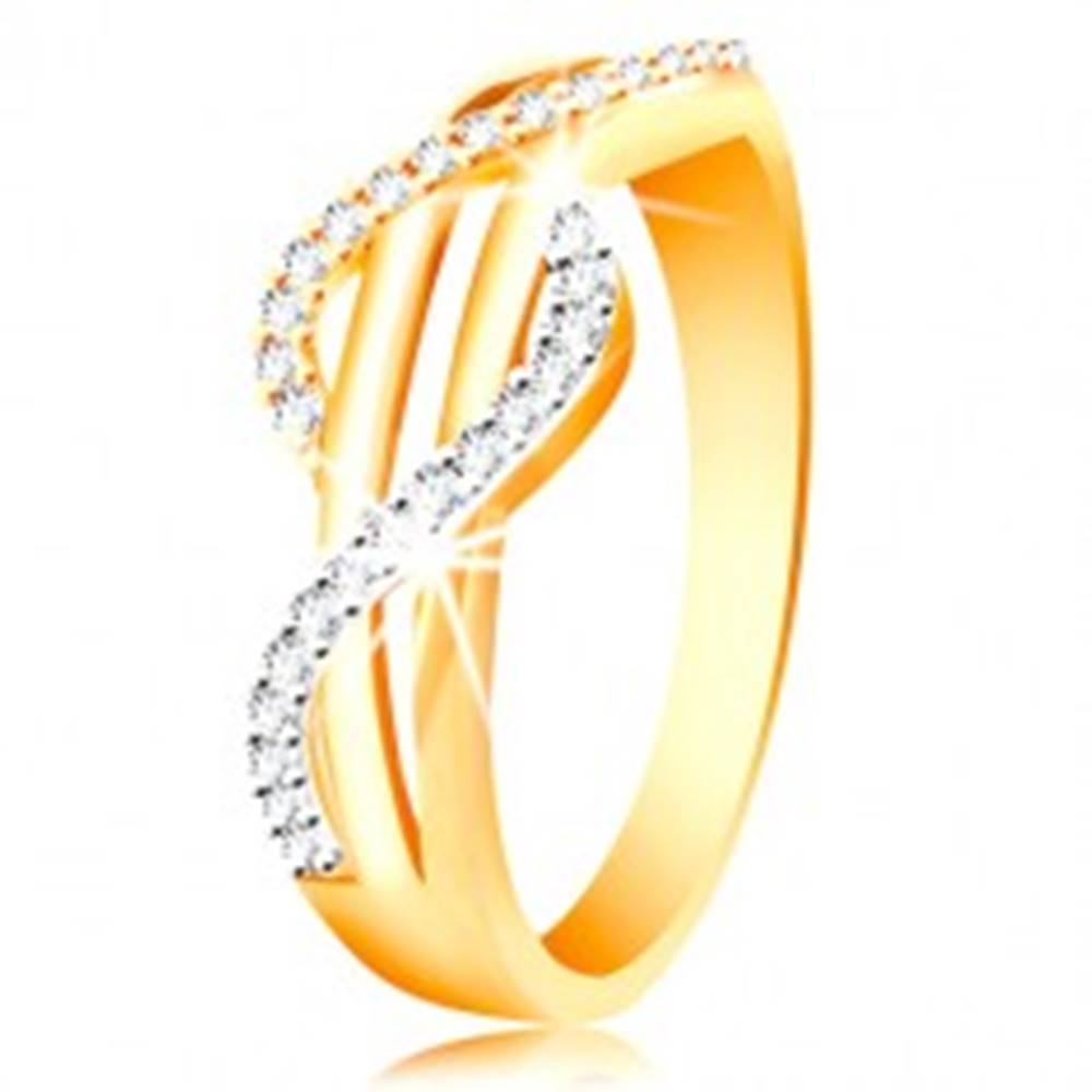 Šperky eshop Zlatý prsteň 585 - zirkónové vlnky zo žltého a bieleho zlata, rovné hladké pásy - Veľkosť: 49 mm