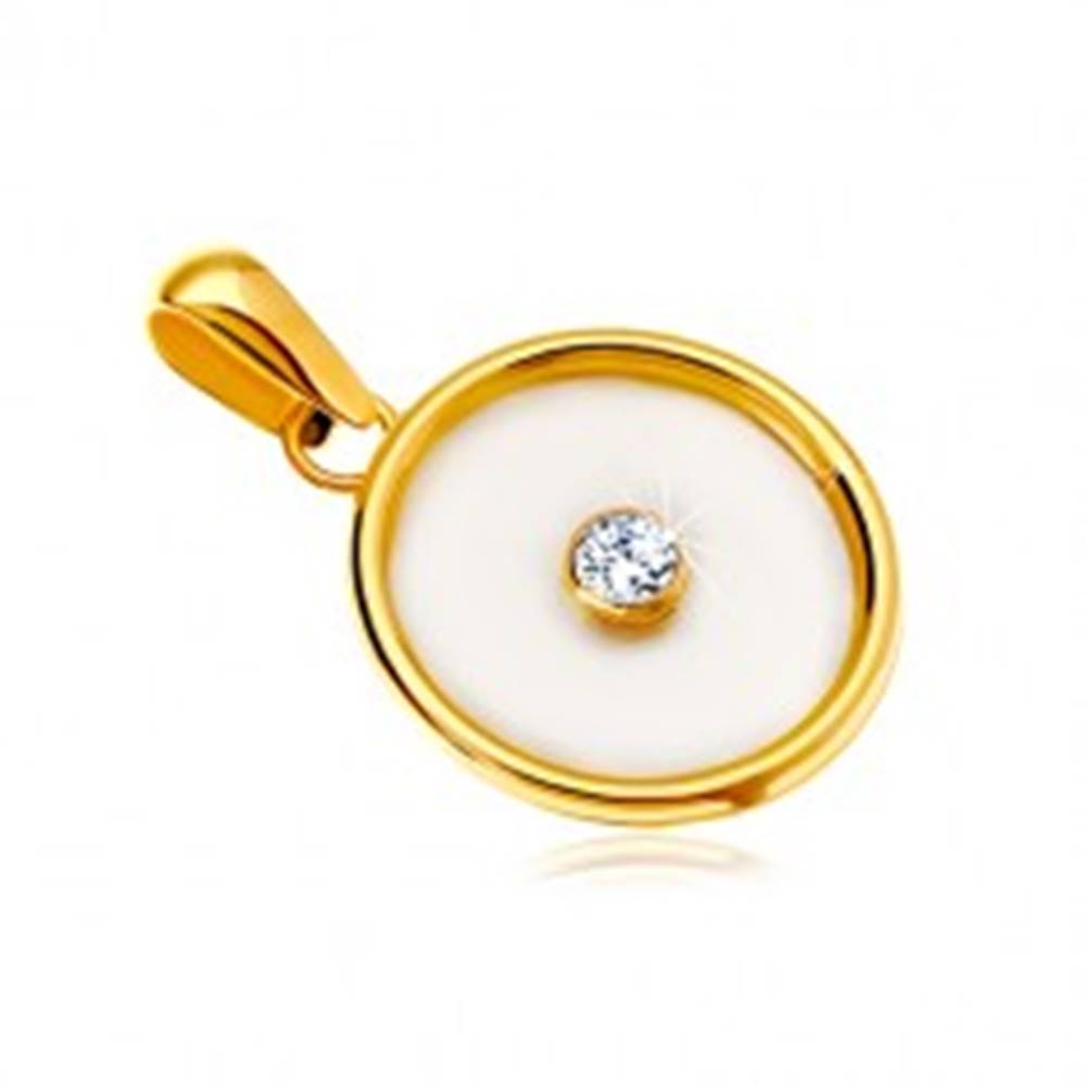 Šperky eshop Prívesok v žltom 14K zlate - kruh s výplňou z perlete a čírym zirkónom v strede