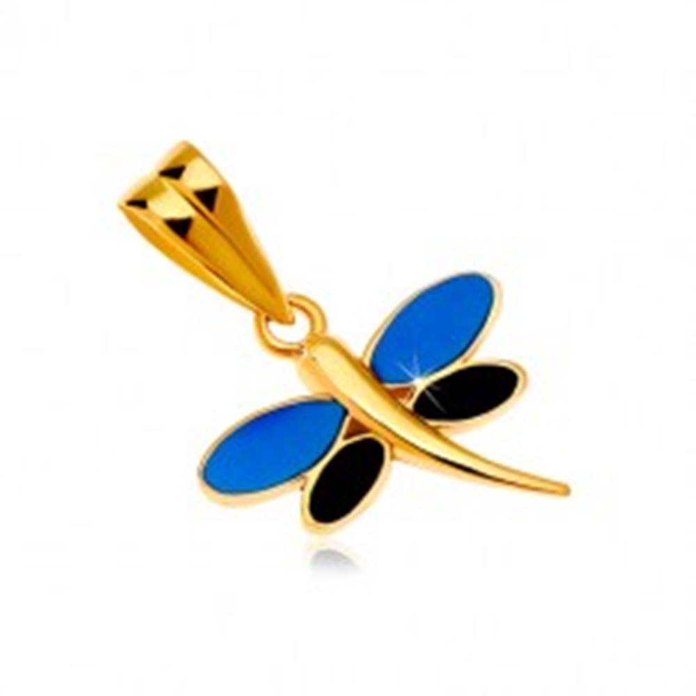 Šperky eshop Prívesok v žltom zlate 585 - vážka s glazúrou modrej a čiernej farby na krídlach