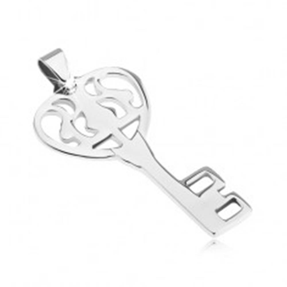Šperky eshop Prívesok z ocele - lesklý zdobený kľúč od srdca