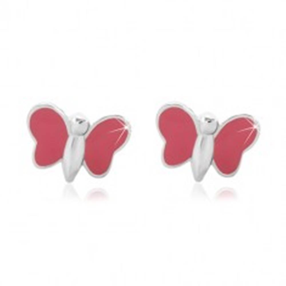 Šperky eshop Puzetové náušnice, striebro 925 - lesklý motýlik s ružovou glazúrou