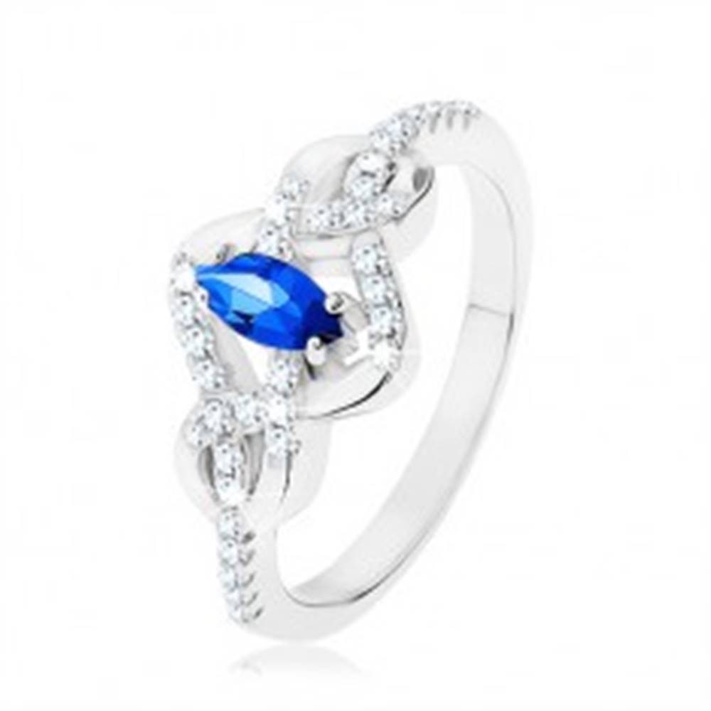 Šperky eshop Strieborný prsteň 925, modrý zirkónový ovál, prepletené línie zdobené zirkónmi - Veľkosť: 49 mm