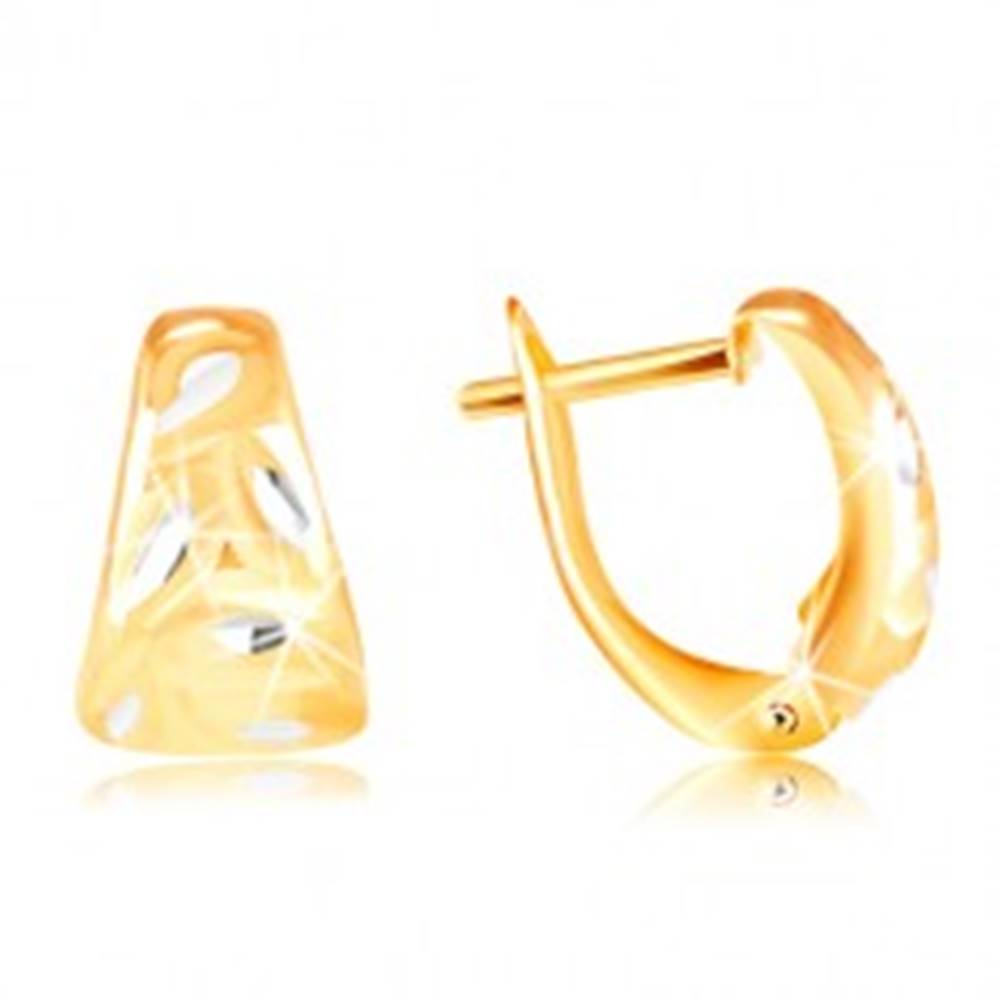 Šperky eshop Zlaté 14K náušnice - matný zaoblený trojuholník s lístkami z bieleho zlata