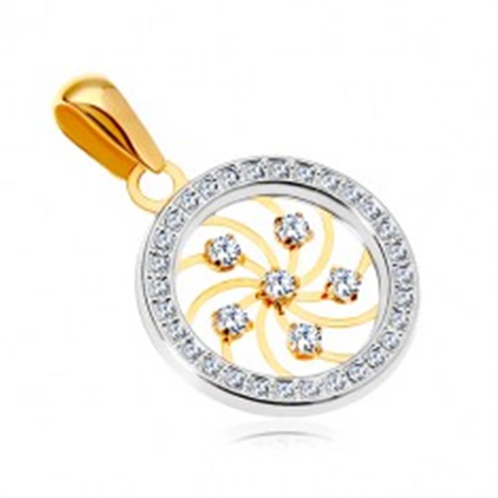 Šperky eshop Zlatý prívesok 585 - lesklá špirála a číre zirkóny v obruči z bieleho zlata