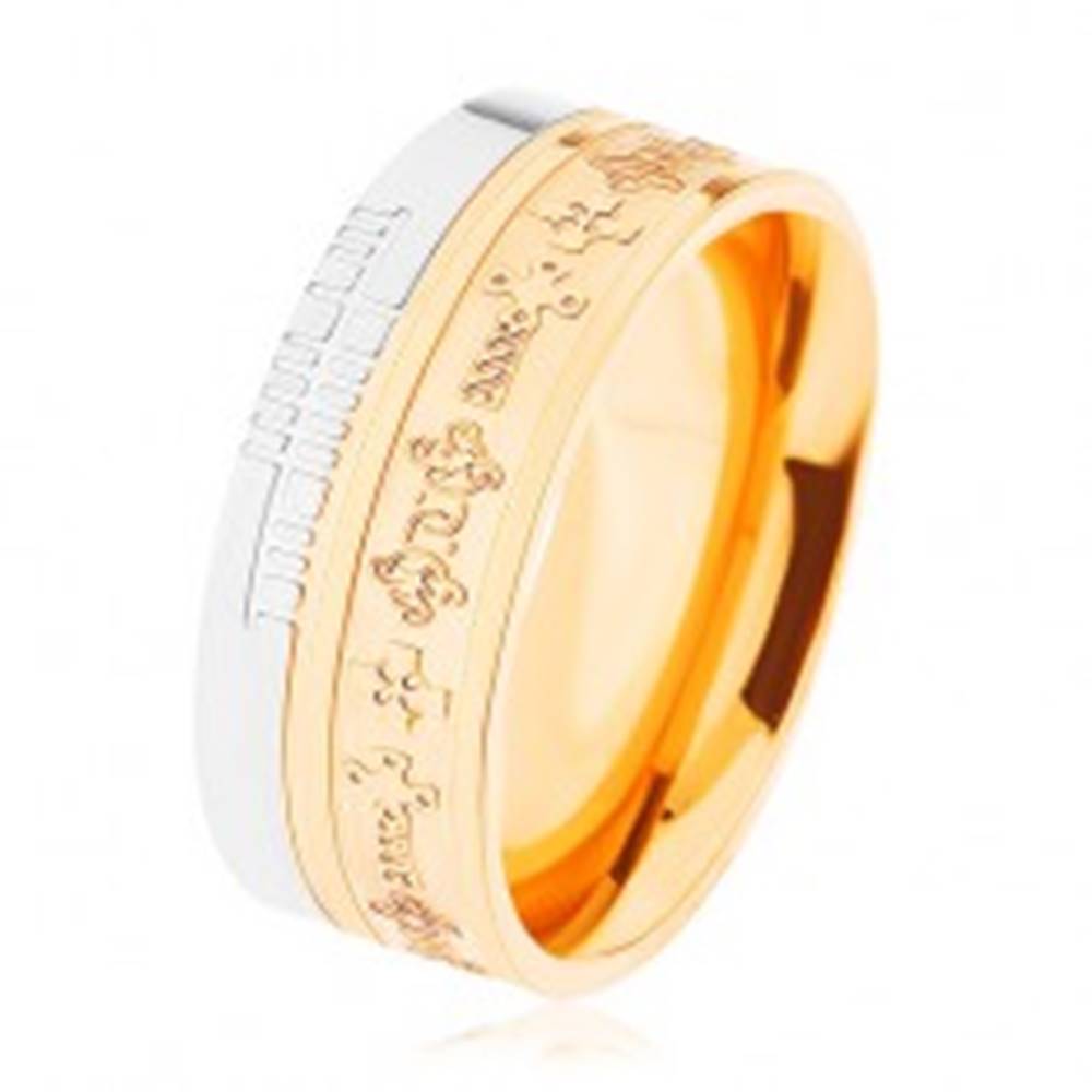 Šperky eshop Dvojfarebná oceľová obrúčka - zlatý a strieborný odtieň, vzor - keltské kríže - Veľkosť: 54 mm