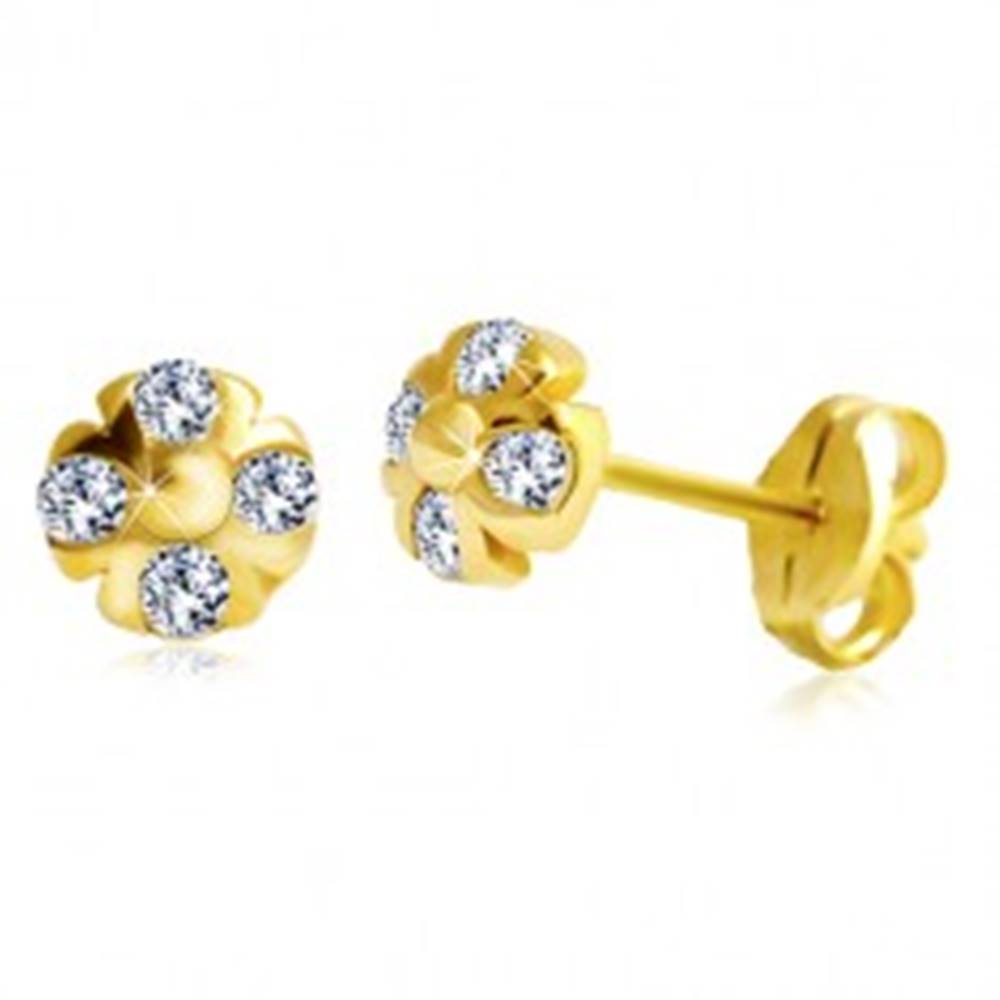 Šperky eshop Náušnice zo žltého 14K zlata - kvietok s guľôčkou v strede a čírymi zirkónmi