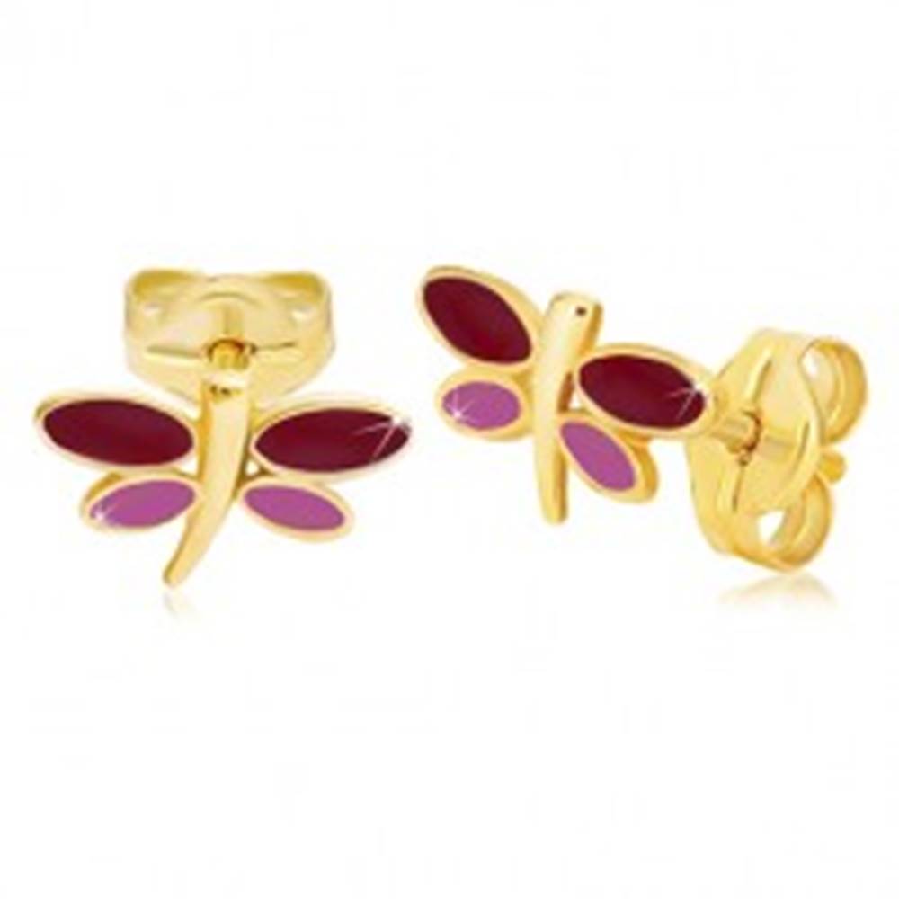 Šperky eshop Náušnice zo žltého 14K zlata - vážka s bordovou a fialovou glazúrou na krídlach