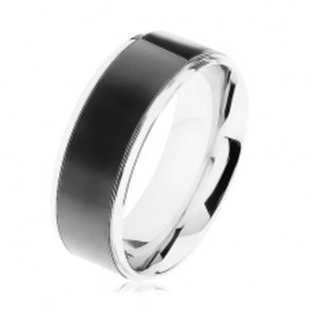 Šperky eshop Oceľový prsteň, čierny pruh, lemy striebornej farby, vysoký lesk - Veľkosť: 57 mm