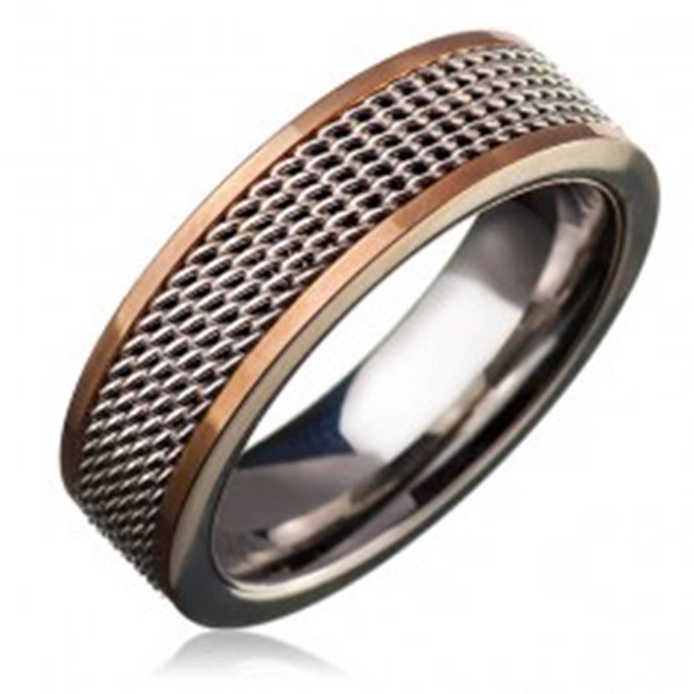 Šperky eshop Oceľový prsteň - retiazkový stredový pás, lem zlatej farby - Veľkosť: 49 mm