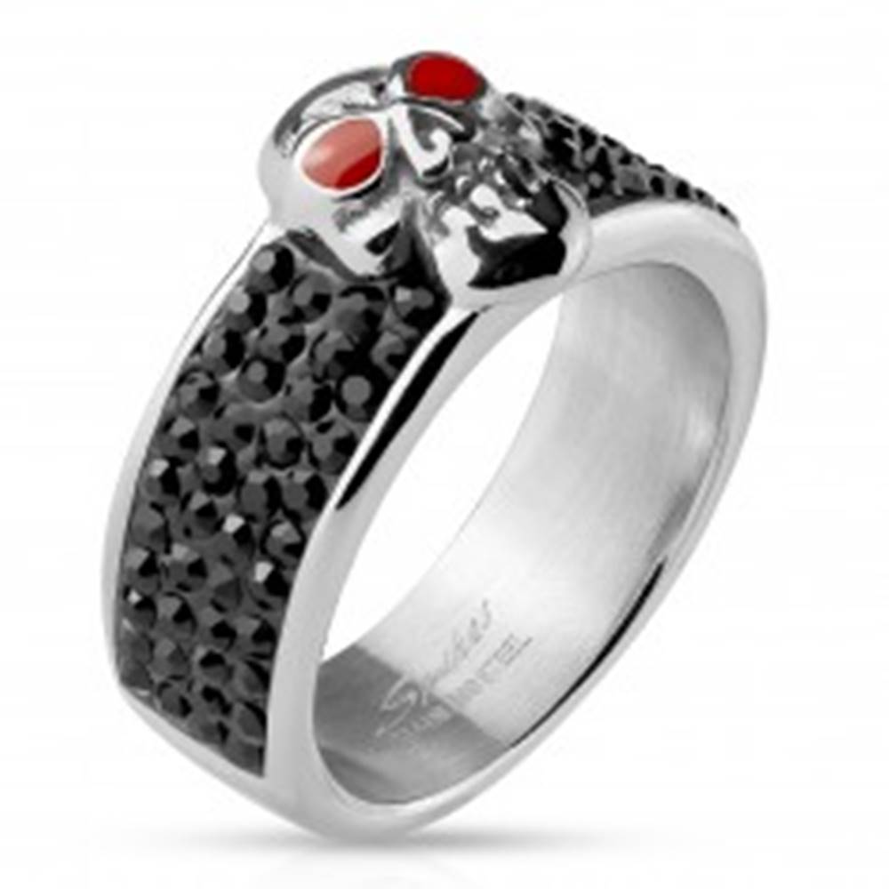 Šperky eshop Oceľový prsteň striebornej farby, lebka s červenými očami, čierne zirkóny - Veľkosť: 59 mm