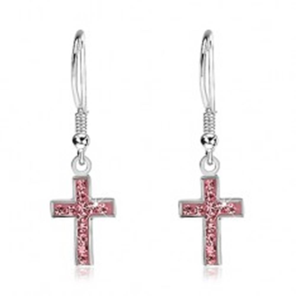 Šperky eshop Visiace náušnice zo striebra 925 - krížik s ružovými zirkónmi