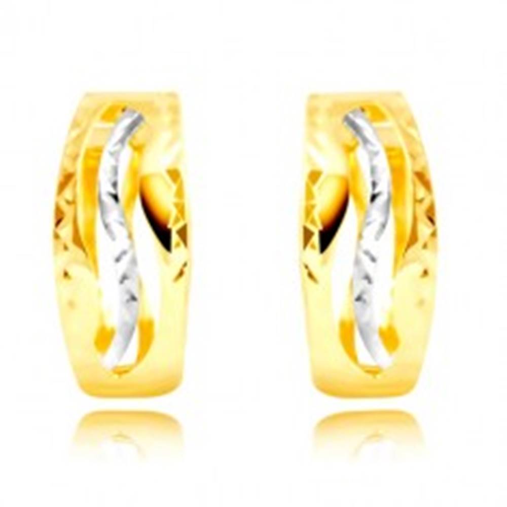 Šperky eshop Náušnice zo 14K zlata - jemne zvlnené výrezy, vlnka z bieleho zlata
