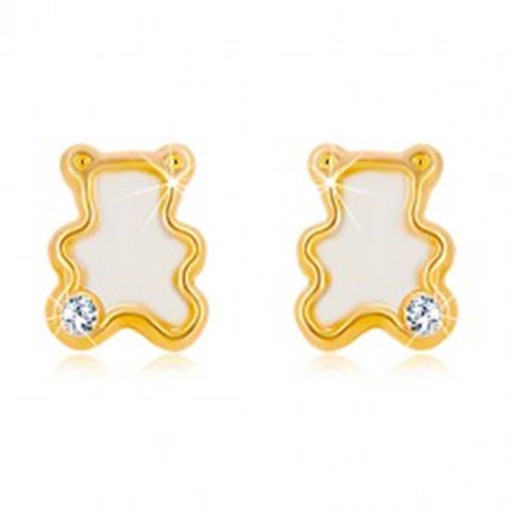 Šperky eshop Náušnice zo žltého 14K zlata - medvedík s naturálnou perleťou a zirkónom