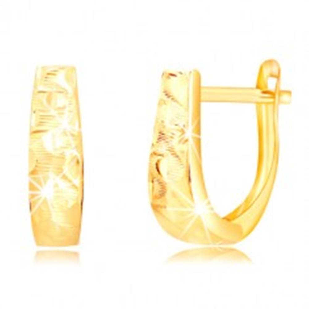 Šperky eshop Náušnice zo žltého 14K zlata - rozširujúci sa pás s vlnkami a zrniečkami