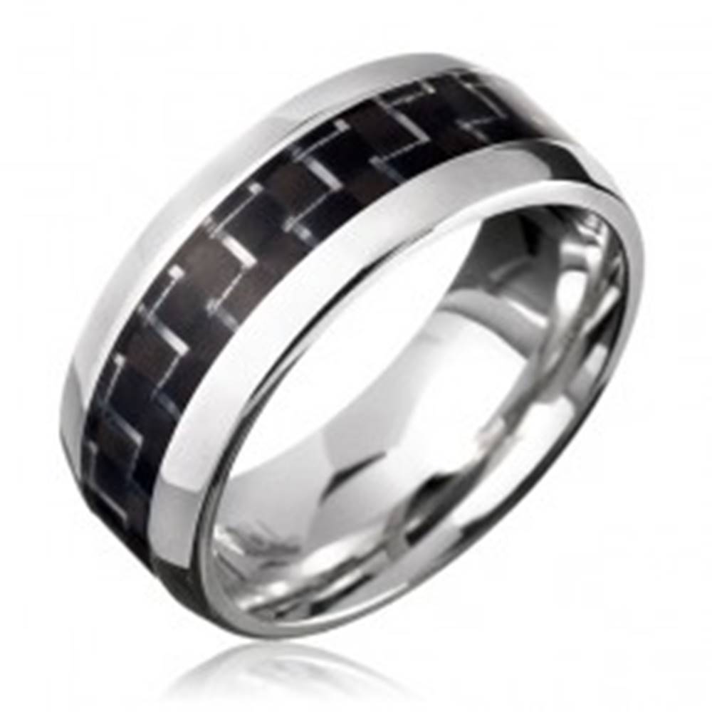 Šperky eshop Oceľový prsteň - čierny karbónový pásik - Veľkosť: 57 mm