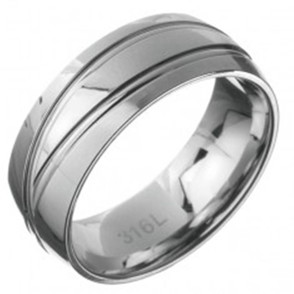 Šperky eshop Oceľový prsteň - obrúčka s dvoma dvojitými čiarami - Veľkosť: 59 mm