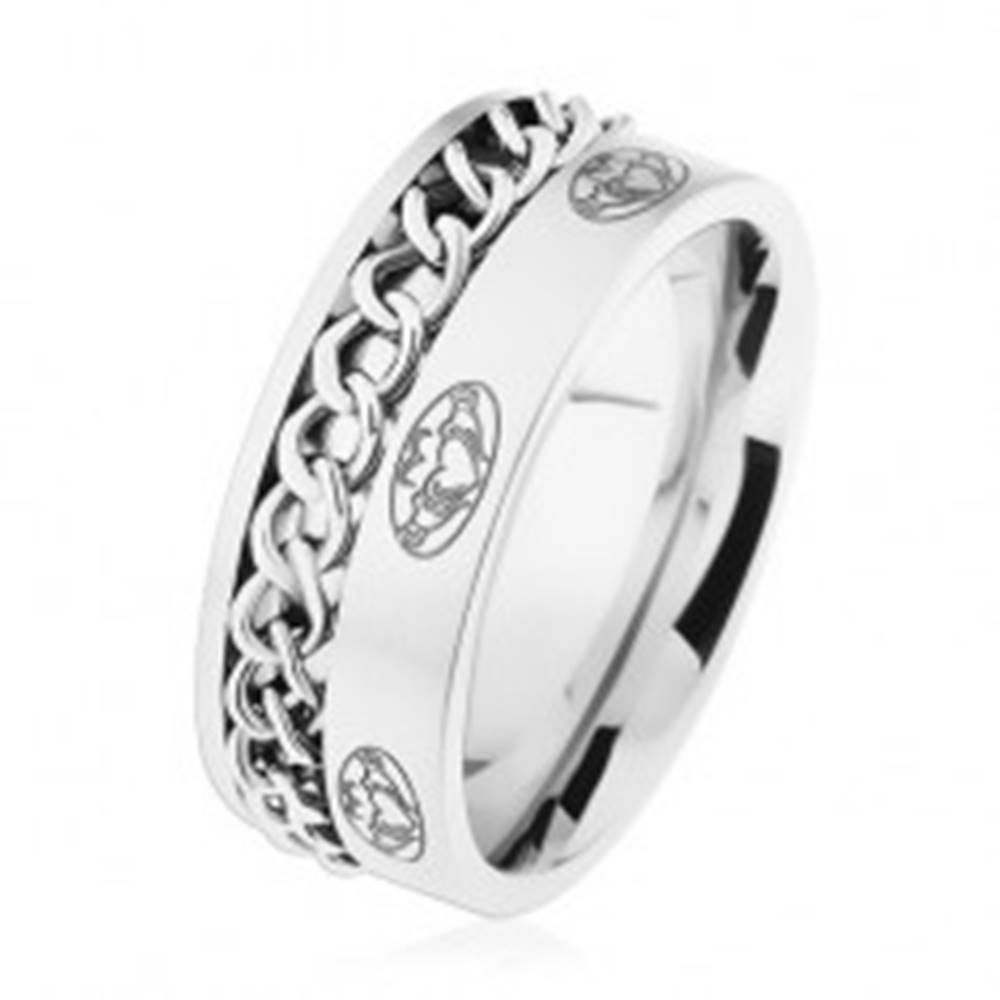 Šperky eshop Oceľový prsteň, retiazka, strieborná farba, matný povrch, ornamenty - Veľkosť: 57 mm