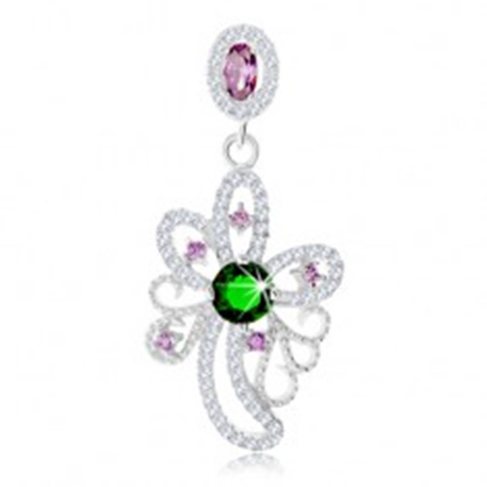 Šperky eshop Prívesok, striebro 925, zelený okrúhly zirkón, asymetrická kontúra kvetu