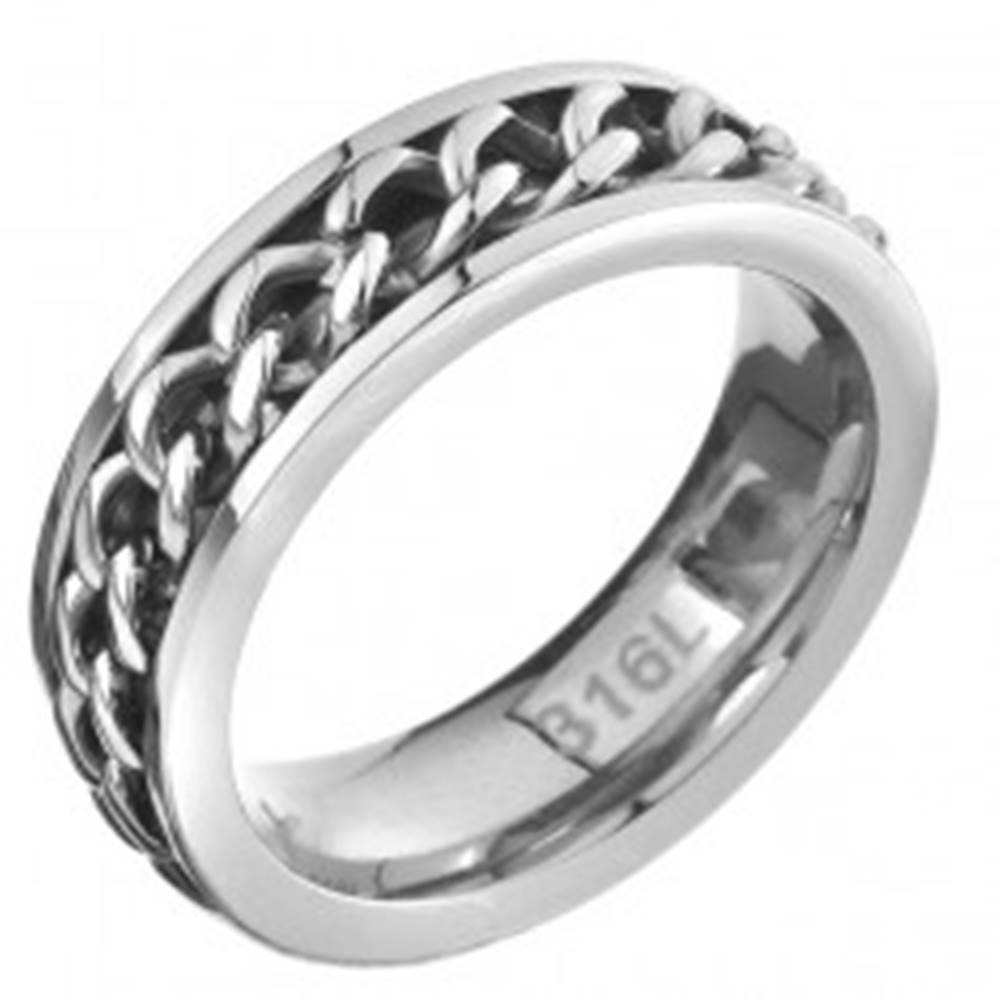 Šperky eshop Prsteň z ocele - retiazkový stredový pás, strieborná farba - Veľkosť: 51 mm