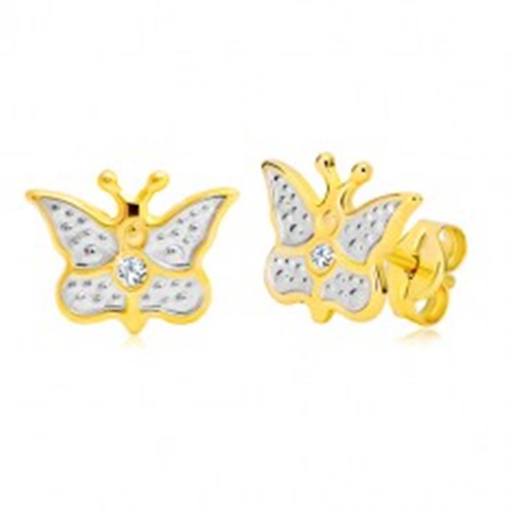Šperky eshop Puzetové náušnice z kombinovaného 14K zlata - vyrezávaný motýlik so zirkónom