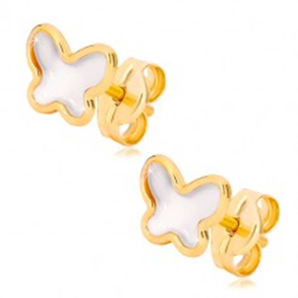 Šperky eshop Puzetové náušnice zo žltého zlata 585 - motýlik s prírodnou perleťou