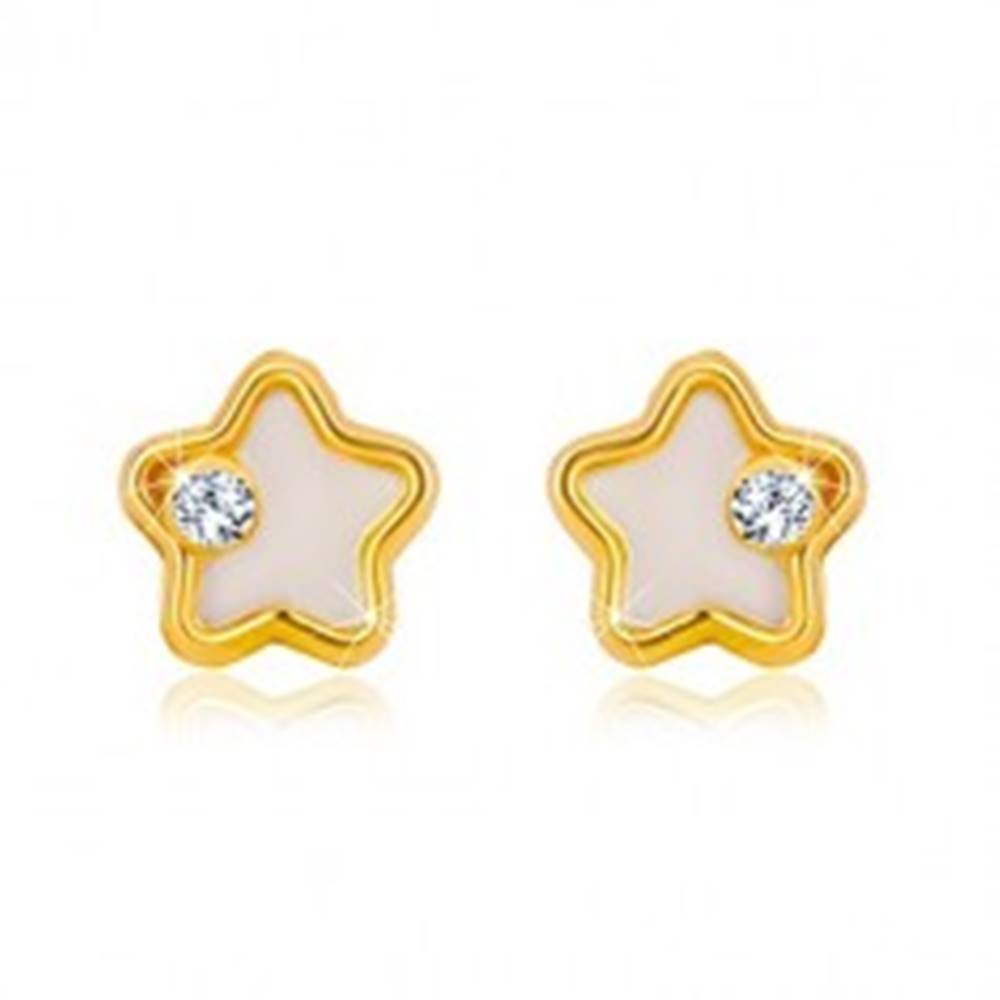 Šperky eshop Zlaté náušnice 585 - hviezdička s bielou prírodnou perleťou a čírym zirkónom