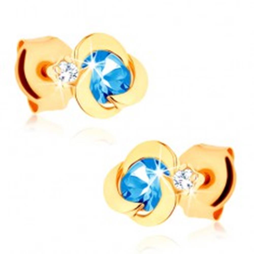 Šperky eshop Zlaté náušnice 585 - kvietok s oblými lupeňmi, modrý topásový stred