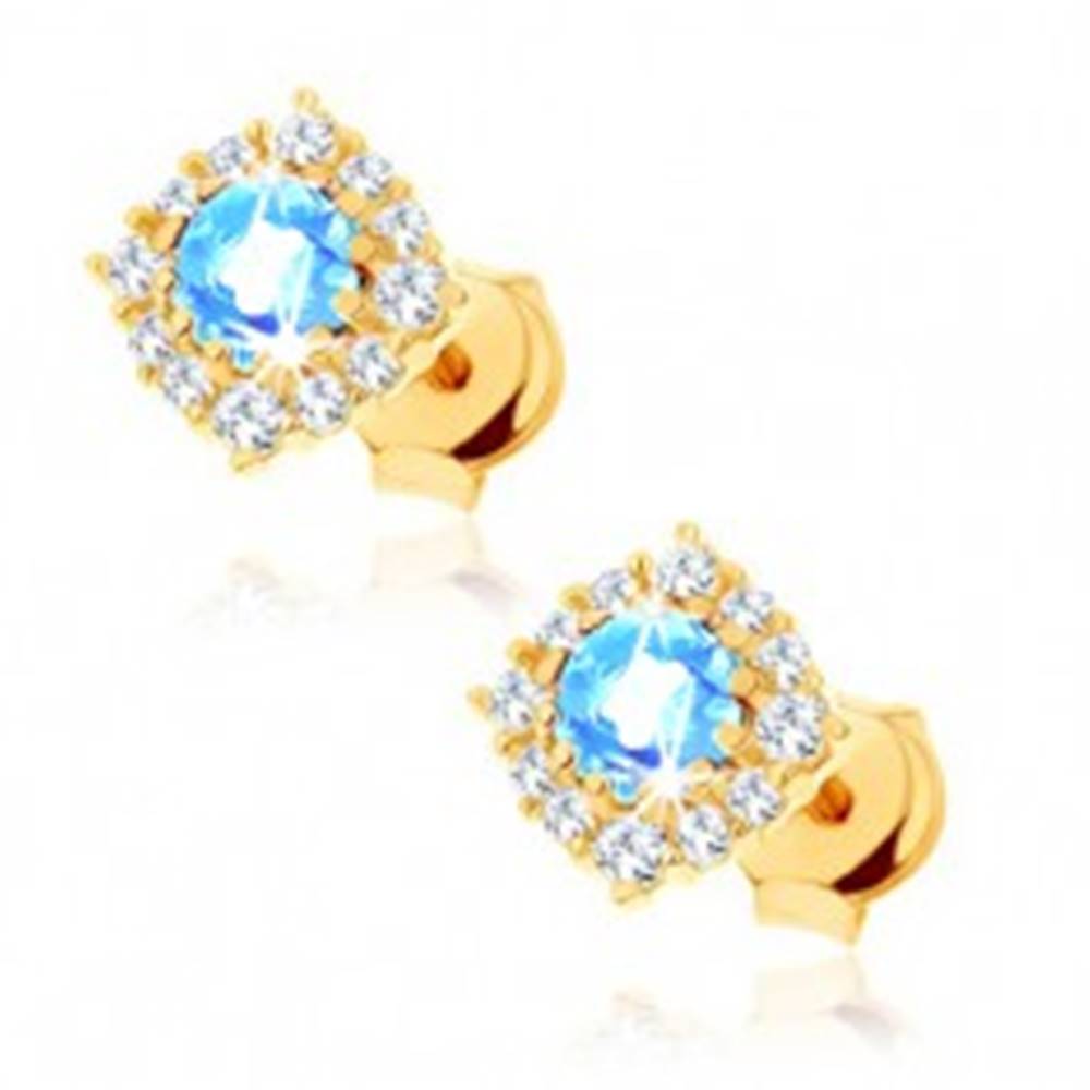 Šperky eshop Zlaté náušnice 585 - štvorcový zirkónový obrys, okrúhly modrý topás