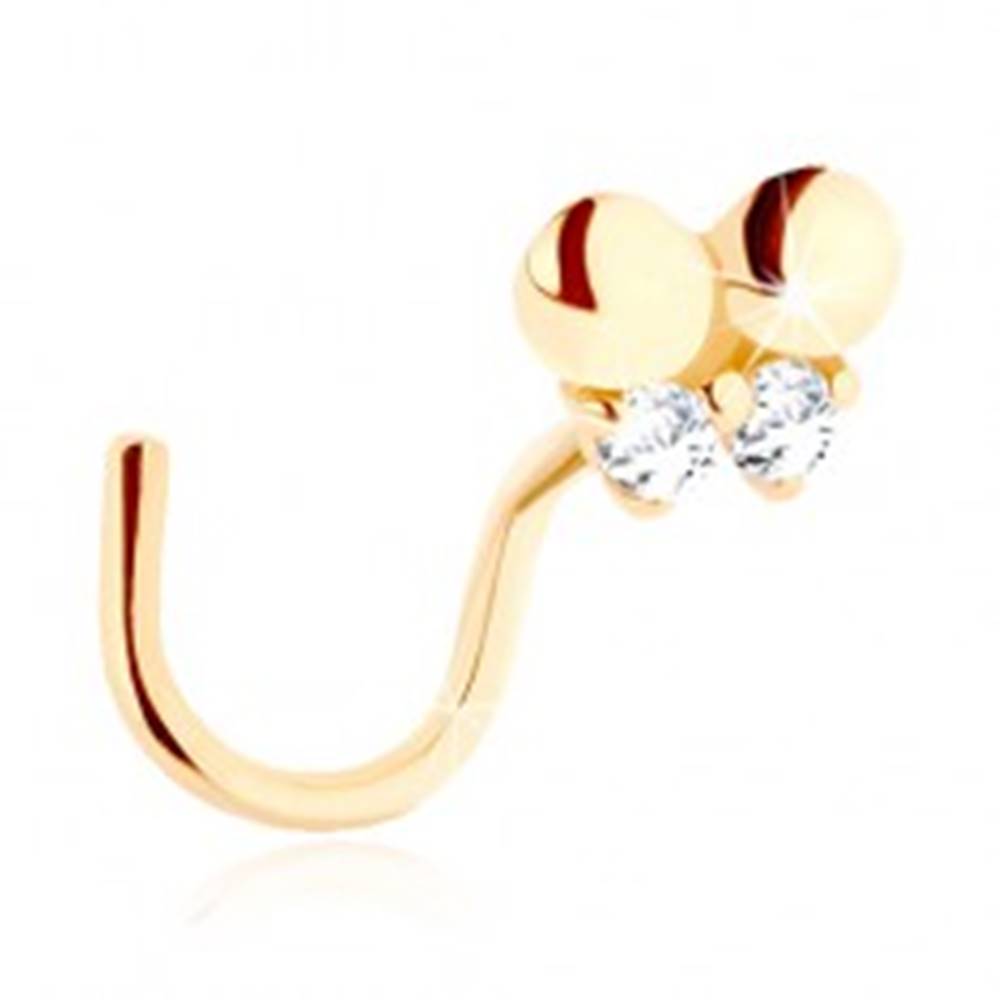 Šperky eshop Zlatý piercing do nosa 585 - zahnutý, drobný motýlik zdobený čírymi zirkónmi