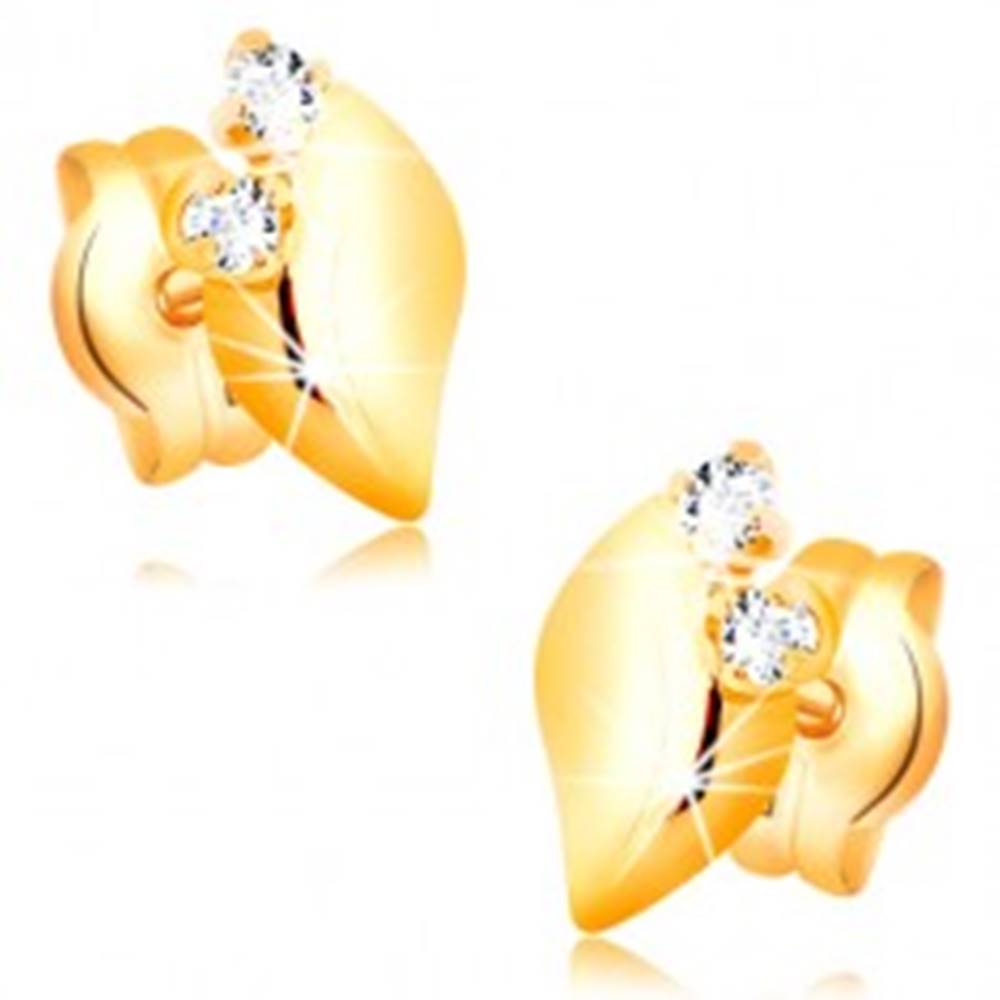 Šperky eshop Náušnice v 14K žltom zlate - lesklý lístoček s dvomi čírymi zirkónmi
