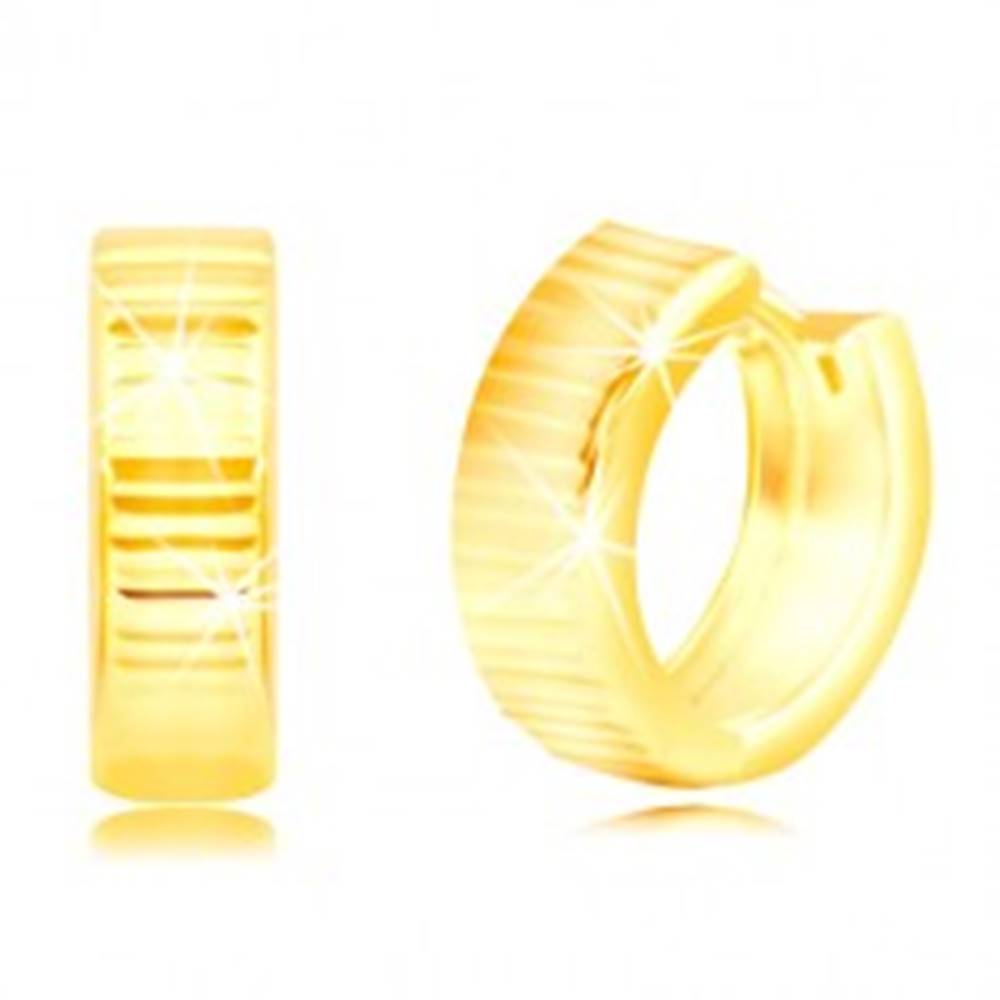 Šperky eshop Náušnice zo žltého 14K zlata - lesklé krúžky zdobené horizontálnymi líniami