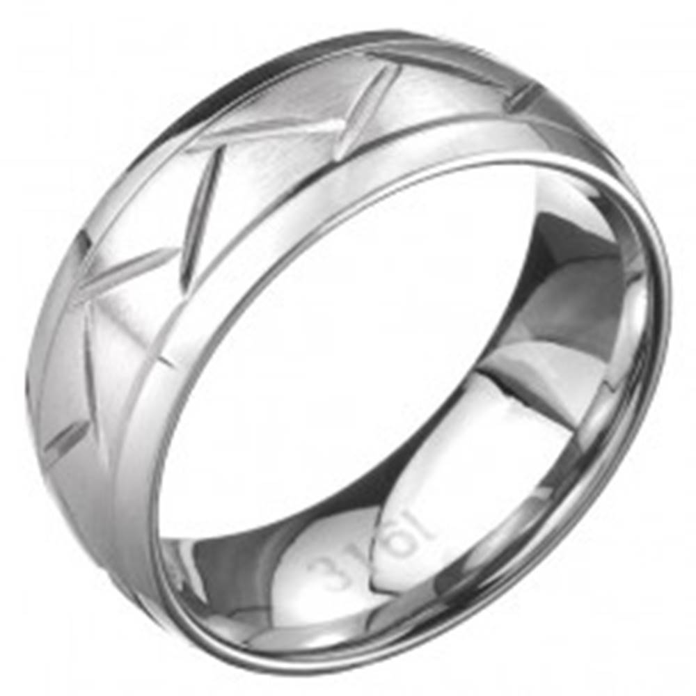 Šperky eshop Oceľový prsteň - dve línie a cik-cak vzor, povrch striebornej farby - Veľkosť: 57 mm