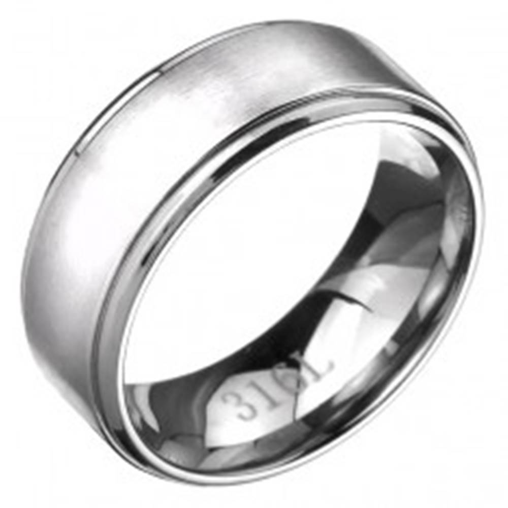 Šperky eshop Prsteň z ocele - obrúčka s matným pásom striebornej farby, lesklé okraje - Veľkosť: 57 mm