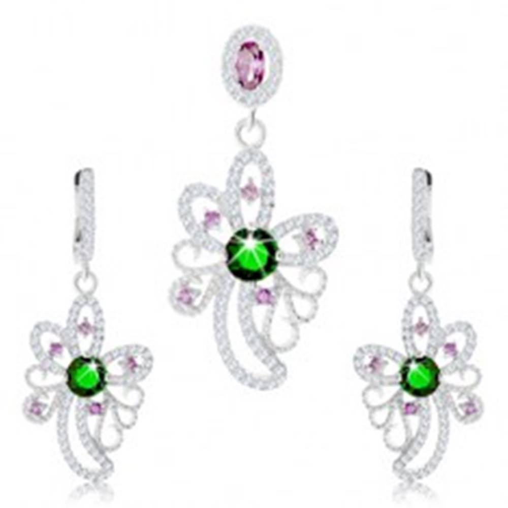 Šperky eshop Strieborný set 925, prívesok, náušnice, asymetrický kvet zdobený zirkónmi