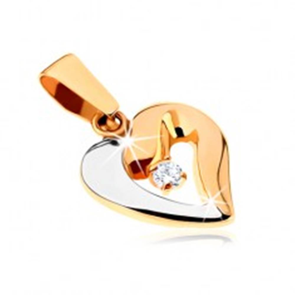 Šperky eshop Zlatý dvojfarebný prívesok 375 - tučný obrys asymetrického srdca, zirkón