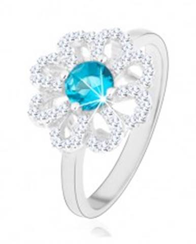 Trblietavý prsteň, striebro 925, zirkónový kvet - číre lupene, svetlomodrý stred - Veľkosť: 49 mm
