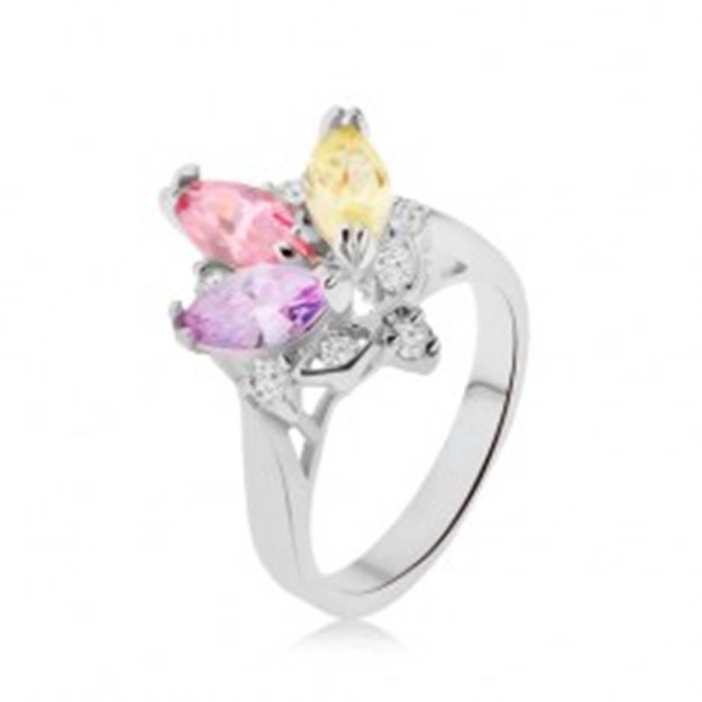 Šperky eshop Lesklý prsteň - farebné zrniečkové kamienky v kotlíku, číre zirkóniky, korunka - Veľkosť: 48 mm