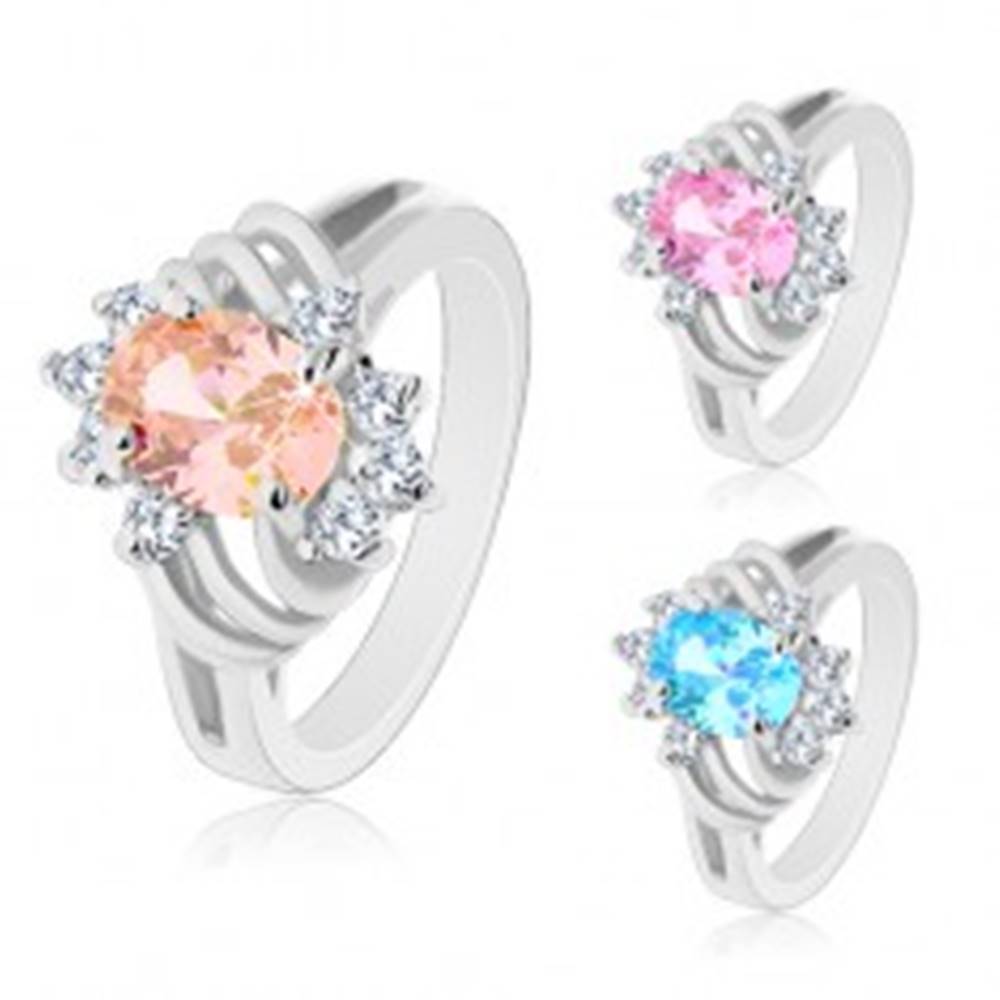 Šperky eshop Ligotavý prsteň striebornej farby, veľký farebný ovál, tenké oblúky a číre zirkóny - Veľkosť: 48 mm, Farba: Ružová