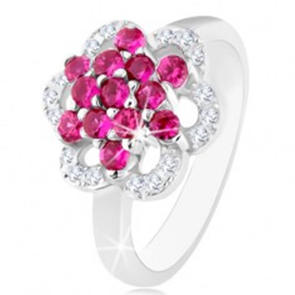 Šperky eshop Ligotavý prsteň, striebro 925, lesklé ramená, kvet z ružových a čírych zirkónov - Veľkosť: 50 mm