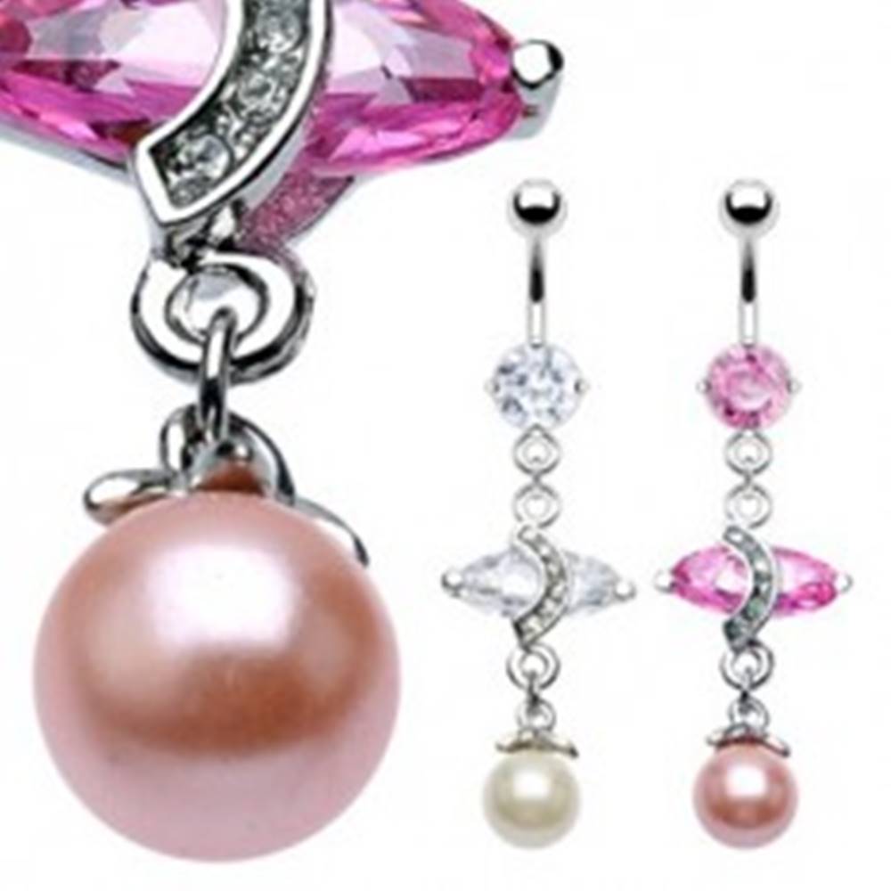Šperky eshop Luxusný piercing do bruška s veľkým oválnym zirkónom a perlou - Farba zirkónu: Ružová - P