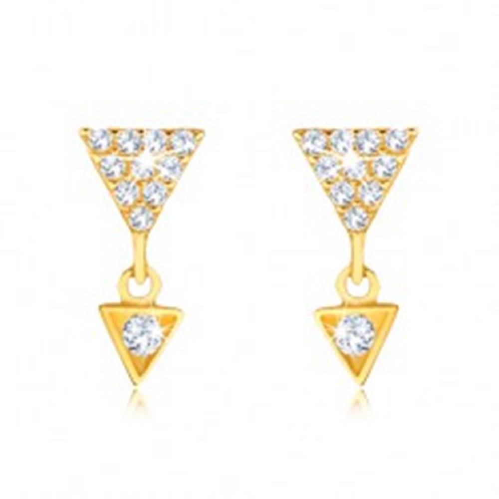 Šperky eshop Náušnice v žltom 9K zlate - väčší a menší zirkónový trojuholník